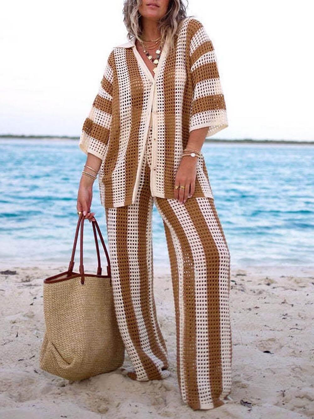 Elara Striped Shirt and Wide Leg Pants Set