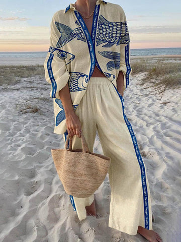 Junia Ocean Print Shirt and Pocket Pants Set