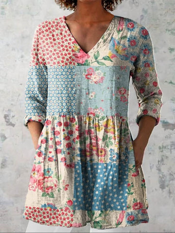 Emily Floral Patchwork V-Neck Shirt