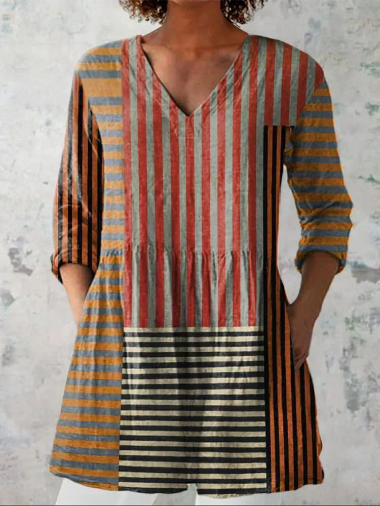 Avery Stripe Patchwork V-Neck Shirt