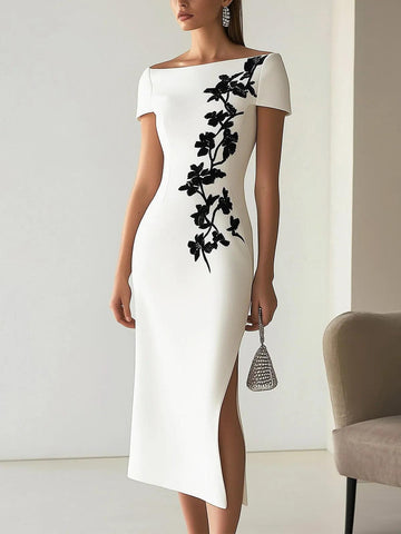 Audrey | Chic Floral Print Boat Neck Midi Dress Outfit