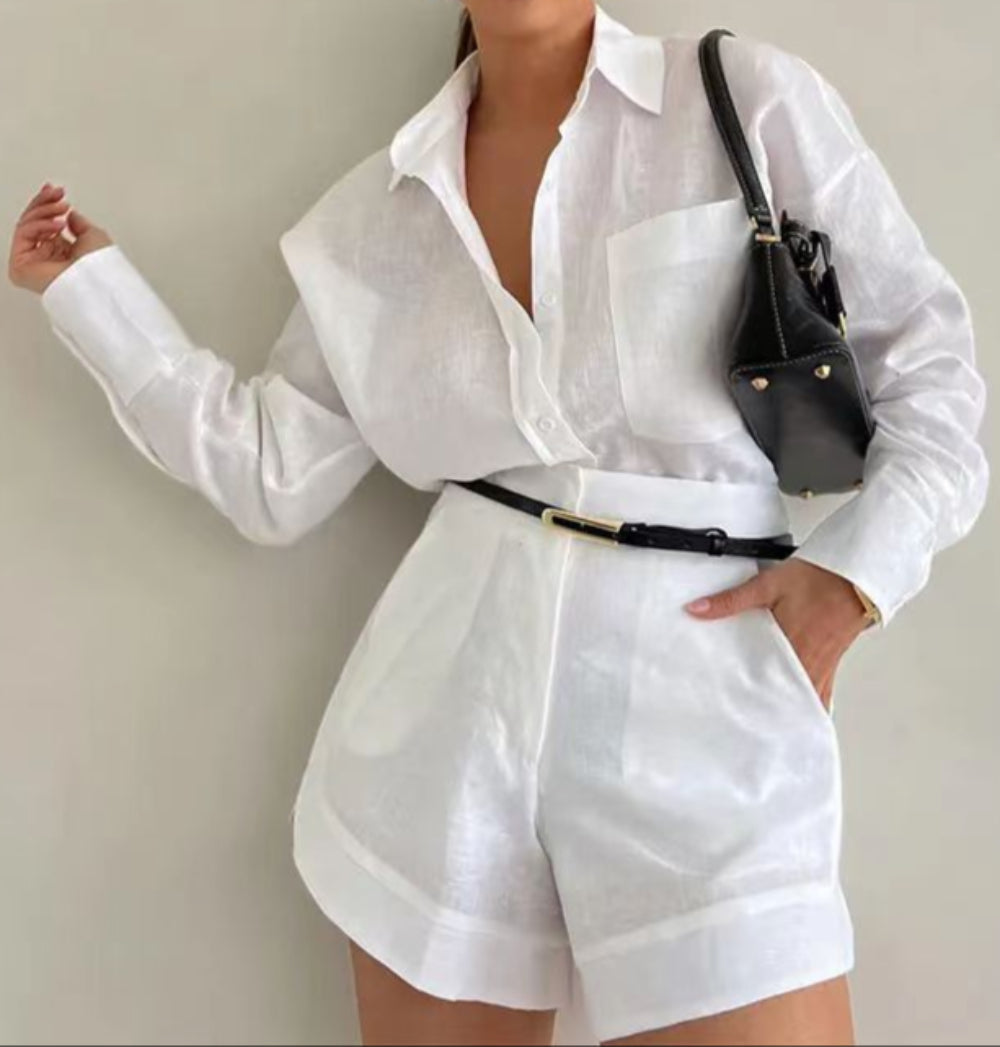Sloane Cotton and Linen Long Sleeve Shorts Set