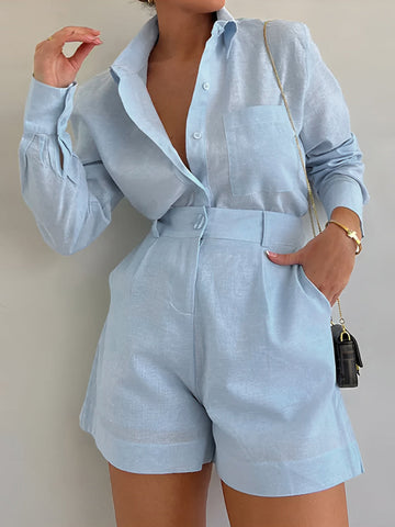 Sloane Cotton and Linen Long Sleeve Shorts Set