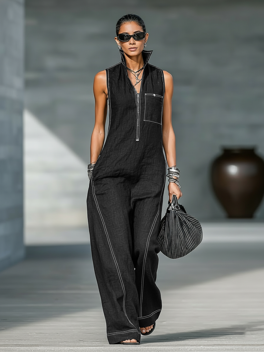 Annie | Sleeveless Jumpsuit with White Trim
