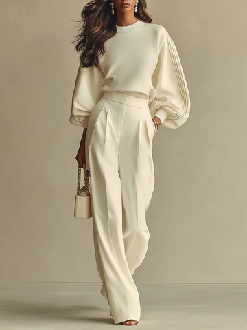 Isa | Ivory Crew Neck Top And High-waisted Wide-leg Pants Set