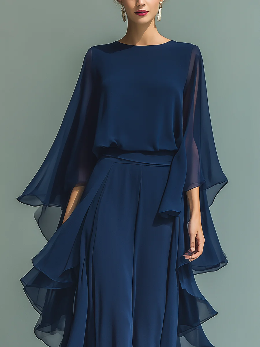 Quinn Chiffon Bell-Sleeve Top and Ruffled Pants Set