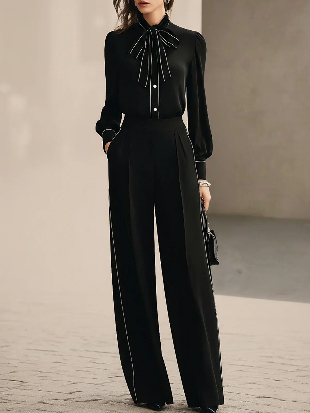 Camila Bow-tie Blouse and Wide-leg Trousers Set