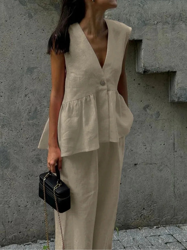 Anna V-Neck Ruffled Two-Piece Suit