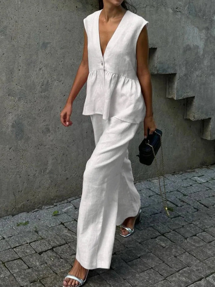 Anna V-Neck Ruffled Two-Piece Suit